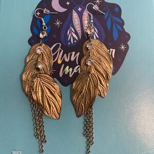 Gold leaf dangle earrings rhinestones dangle boho jewelry festival